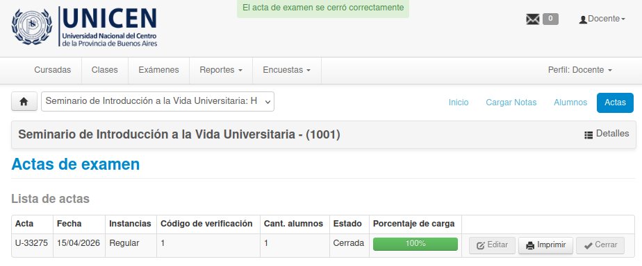 Acta de examen cerrada