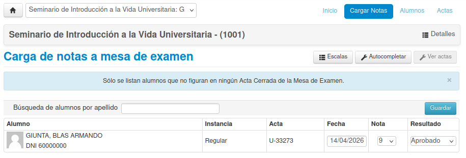 Carga de notas en actas de examen