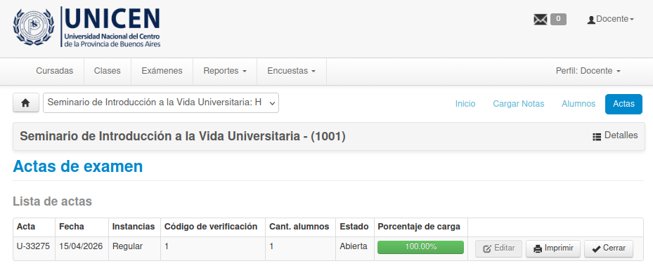 Cierre de actas de examen